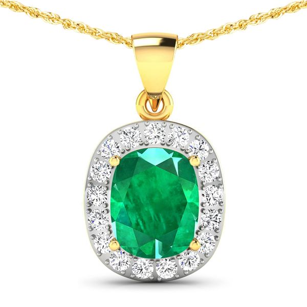 14KT Yellow Gold 2.5ctw Zambian Emerald and Diamond Pendant