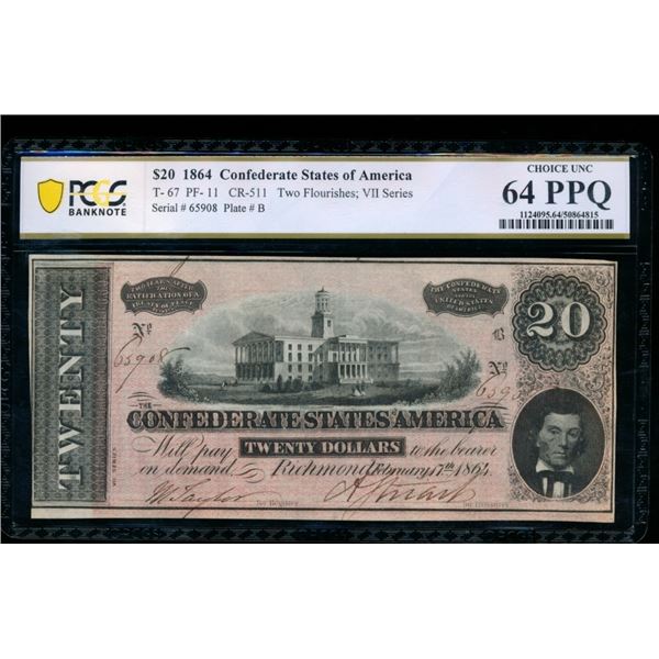 1864 $20 T-67 Confederate PCGS 64PPQ
