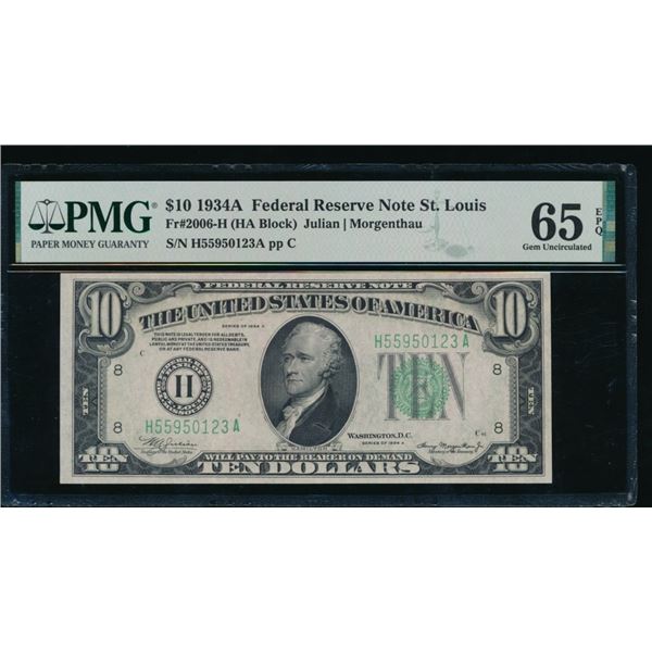 1934A $10 St Louis FRN PMG 65EPQ