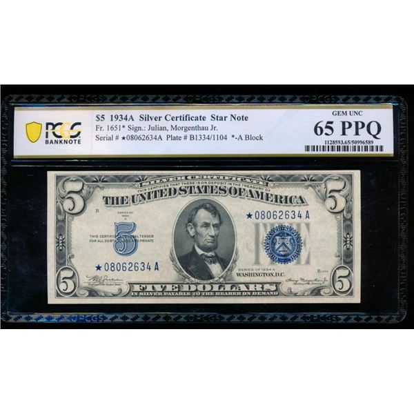 1934A $5 STAR Silver Certificate PCGS 65PPQ