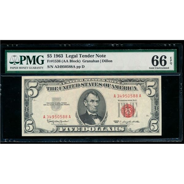 1963 $5 Legal Tender Note PMG 66EPQ