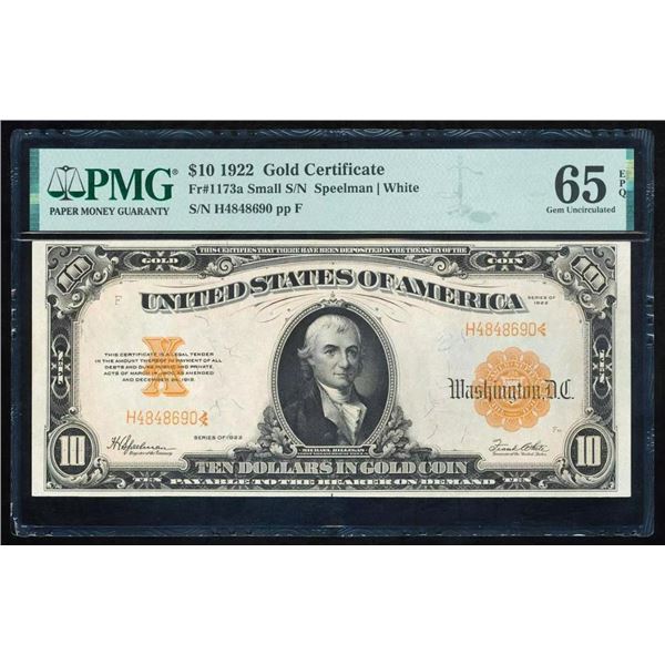 1922 $10 Gold Certificate PMG 65EPQ