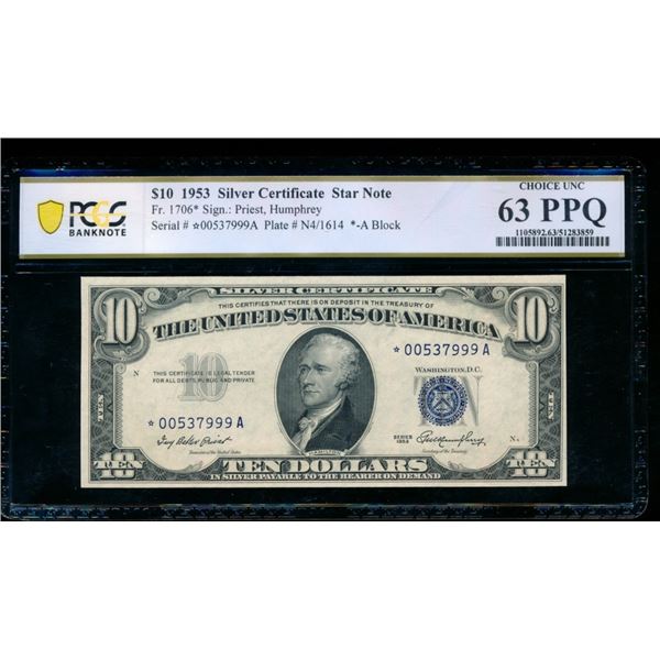 1953 $10 STAR Silver Certificate PCGS 63PPQ