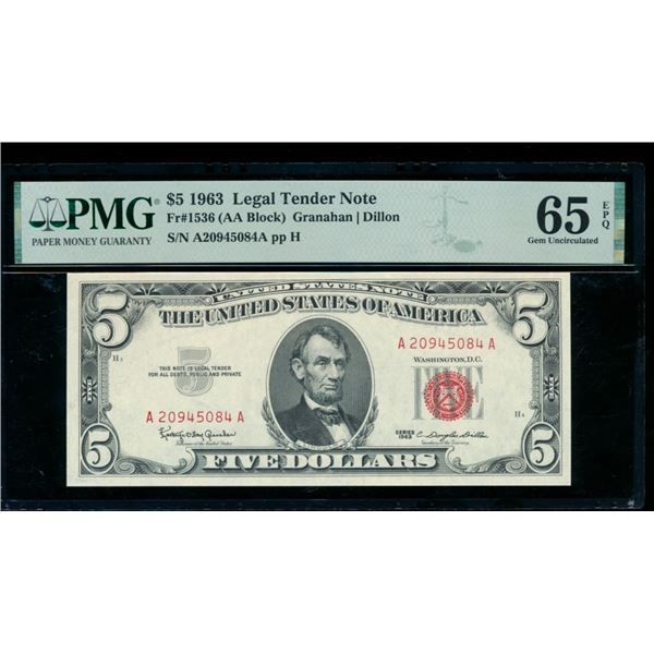 1963 $5 Legal Tender Note PMG 65EPQ