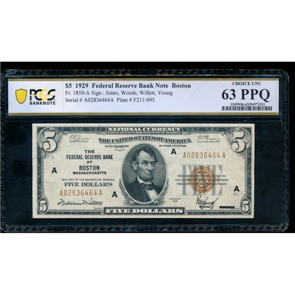 1929 $5 Boston FRBN PCGS 63PPQ