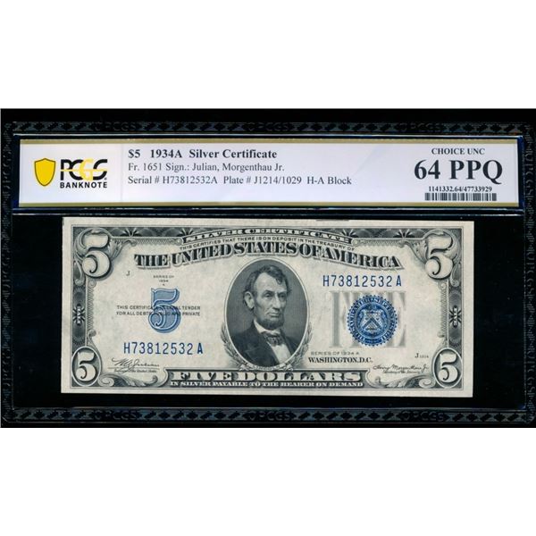 1934A $5 Silver Certificate PCGS 64PPQ