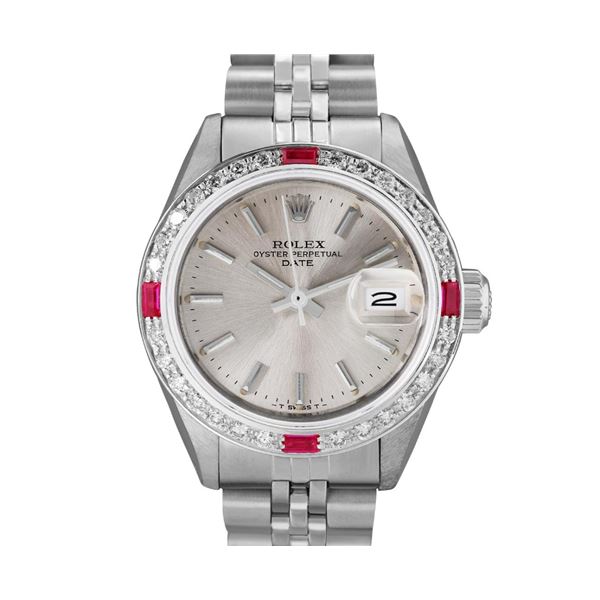 Rolex Ladies Stainless Steel Ruby And Diamond Bezel Date Watch