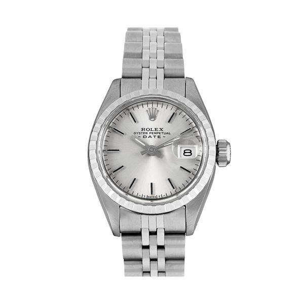 Rolex Ladies Stainless Steel Engine Turn Bezel Date Watch