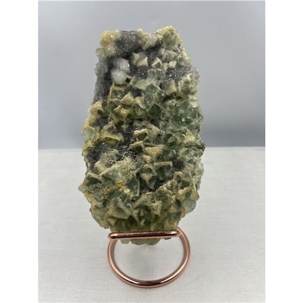 8 X 4 INCH GREEN SUGAR  FLUORITE WITH CALCITE ON STAND