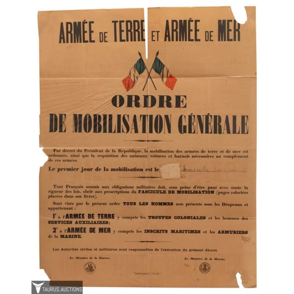 WWI 1914 French General Mobilization Order Poster