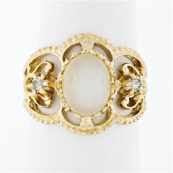 Vintage 14k Yellow Gold Oval Cat's Eye Moonstone &.14 ctw Diamond Cigar Band Rin