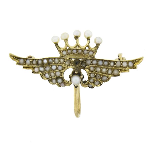 Antique Solid 14k Yellow Gold Seed Pearls Crown Wings Pin Brooch w/ Watch Hook