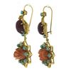Image 2 : Vintage 18K Gold Carved Flower Coral & Ruby w/ Turquoise Drop Dangle Earrings