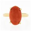 Image 4 : Vintage 14K Gold Elongated Oval Cabochon Pinkish-Orange Coral Solitaire Ring