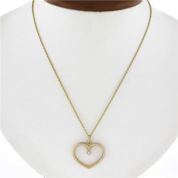 Classic 18K Gold .05 ctw Round Brilliant Diamond Prong Open Heart Pendant & Chai