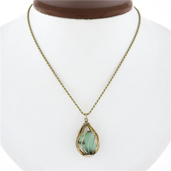 Vintage 14k Gold Tumbled Turquoise Basket Cage Pendant w/ 16" Rope Link Chain