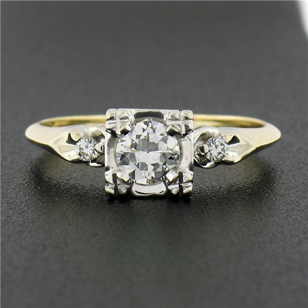 Mid Century 14K TT Gold 0.52 ctw Old European Diamond Three Stone Engagement Rin
