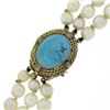 Image 4 : 14.5" 3 Row Pearl Strand Necklace w/ 10k Gold Turquoise Twisted Wire Push Clasp