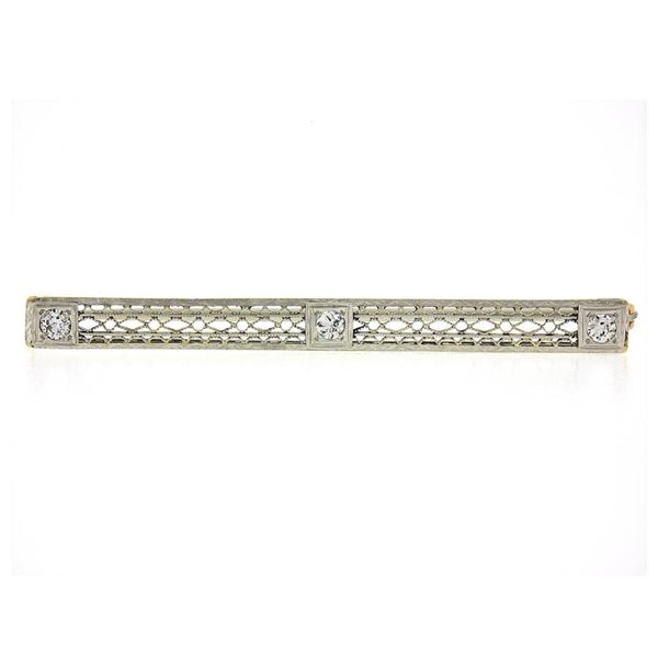 Antique Edwardian Platinum Top 14k Yellow Gold Diamond Filigree Bar Pin Brooch
