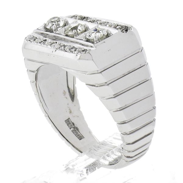 Men's Vintage 14K White Gold 0.70 ctw Pave Old Diamond Grooved Wide Band Ring