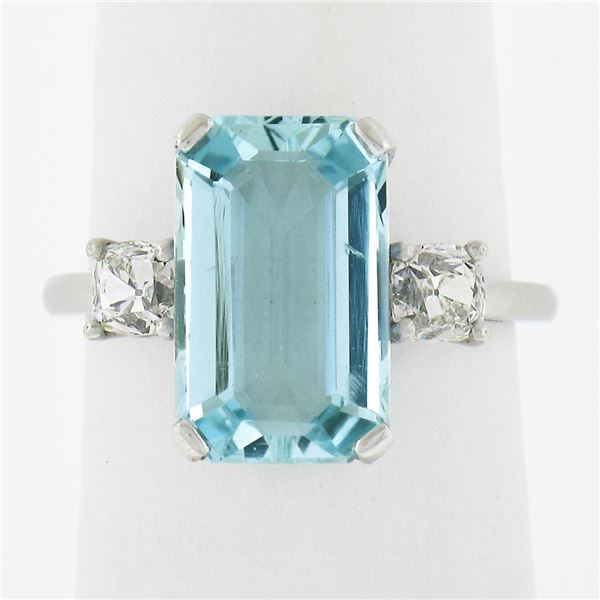 Platinum 4.55 ctw Elongated Step Cut Aquamarine & Old Cut Diamond Cocktail Ring