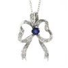Image 2 : Vintage 18K White Gold 1 ctw Sapphire & Diamond Bow Ribbon Pendant w/ 14k Chain