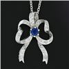 Image 3 : Vintage 18K White Gold 1 ctw Sapphire & Diamond Bow Ribbon Pendant w/ 14k Chain