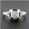 Image 8 : Antique Art Deco 18K White Gold 0.15 ctw Diamond w/ Sapphire Engraved Work Ring