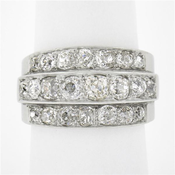 Antique Edwardian Platinum 2.75 ctw Chunky Old Mine Diamond 3 Row Wide Band Ring