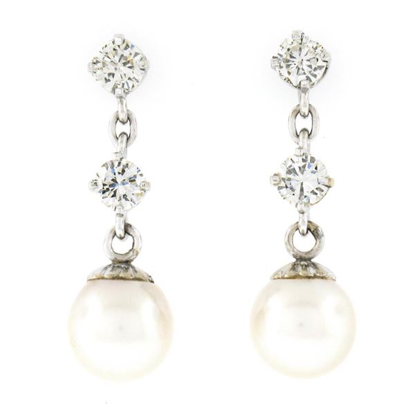 Vintage 14k White Gold 0.72 ctw Round Diamond & 7.5mm Pearl Drop Dangle Earrings