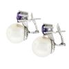 Image 4 : Vintage 18k White Gold Large 14mm White Pearl Round Amethyst Drop Omega Earrings