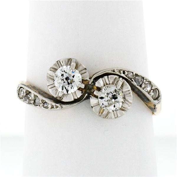Antique Edwardian 14K Gold Platinum.54 ctw European Diamond Two-Stone Bypass Rin