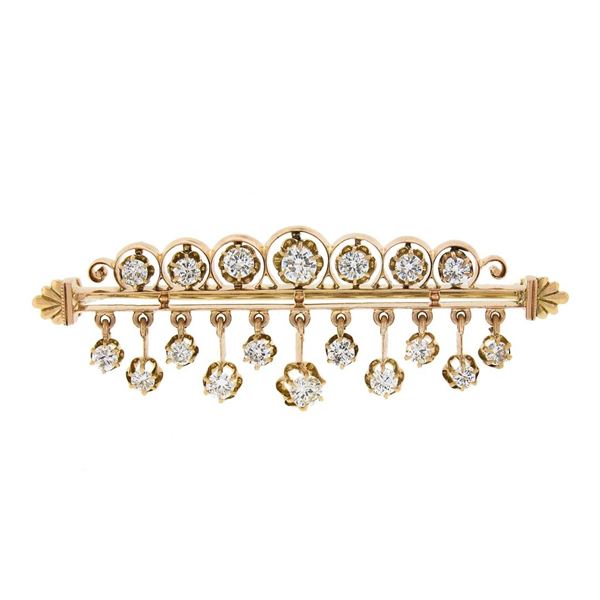 Vintage Victorian Revival 14k Rosy Gold 3.26 ctw Round Diamond Dangle Pin Brooch