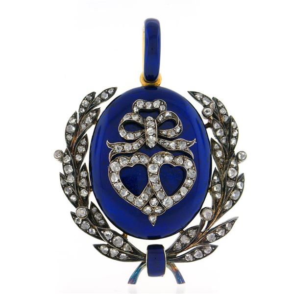 Antique Georgian 18k Gold Silver Diamond Royal Blue Enamel Laurel Wreath Pendant