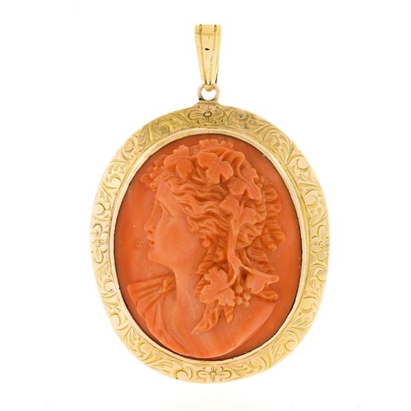 Vintage 14k Gold Bezel Oval Carved Coral Cameo w/ Hand Engraved Frame Pendant