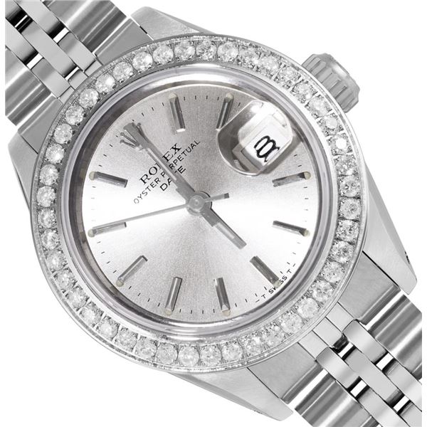 Rolex Ladies Stainless Steel Silver Index Diamond Bezel Date Watch With Rolex Bo