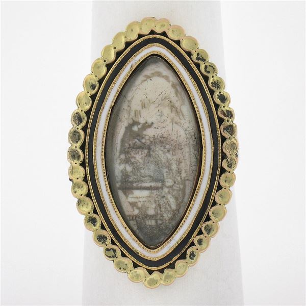 Antique Victorian 12k Yellow Gold Enamel Work Engraved Mourning Navette Ring