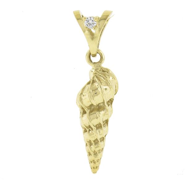14k Gold Detailed Textured 3D Shell Charm Pendant w/ 0.04 ctw Diamond on Bail