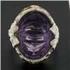 Image 2 : Antique Art Deco 14k Gold Oval Carved Amethyst Filigree Floral Ring w/ Bow Sides