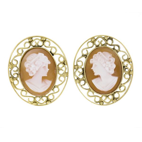 Vintage 14K Yellow Gold Oval Carved Shell Cameo Open Wire Frame Stud Earrings