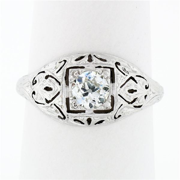 Antique Art Deco 18k Gold Dome Filigree Engraved 0.52 ctw European Diamond Ring