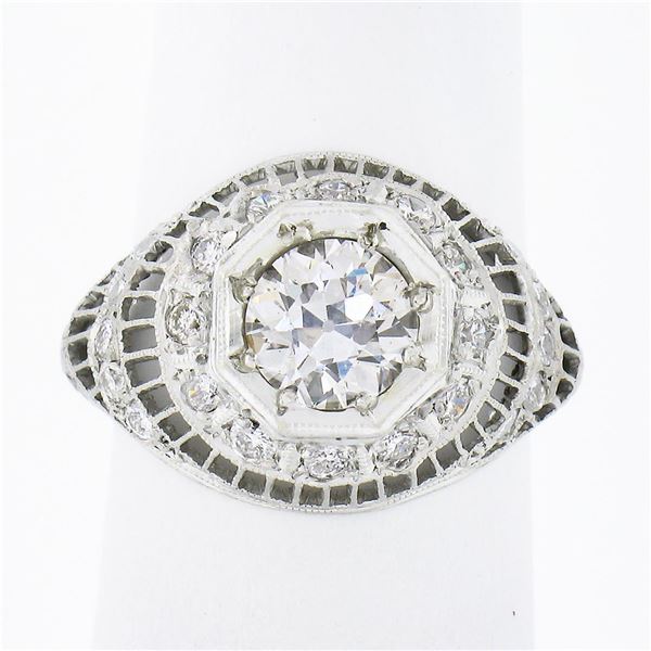 Vintage Platinum 1.21 ctw GIA Old European Diamond Dome Filigree Engagement Ring