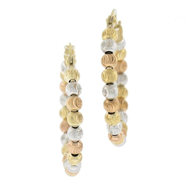 14K Tri Color Gold 3mm Wide Mooncut Brilliant Bead Hoop Earrings w/ Snap Closure