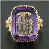 Image 2 : Vintage 18k Gold Repousse Amethyst & Diamond Old English Letter Cocktail Ring
