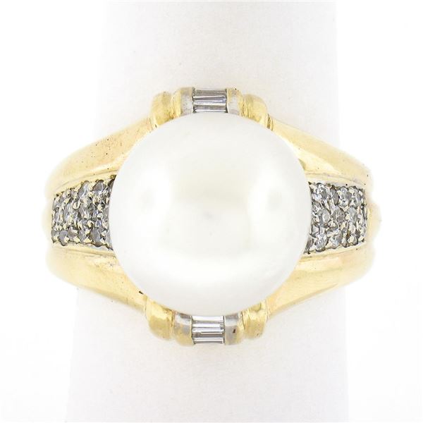 14K Yellow Gold Large 12.58mm South Sea Pearl Ring w/ Baguette & Round Diamonds