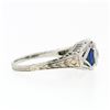 Image 5 : Antique Art Deco 18k White Gold .22 ctw Round Diamond Shield Sapphire 3 Stone Ri