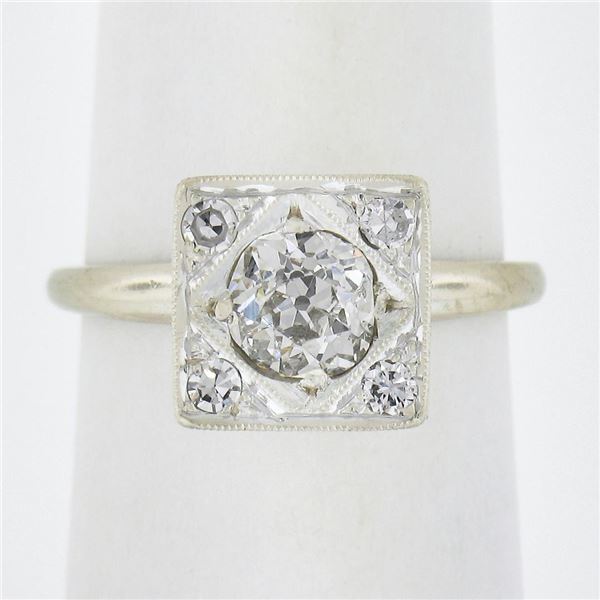 Antique 14k Gold .87 ctw Old Cut Pave Diamond Hand Engraved Floral Engagement Ri