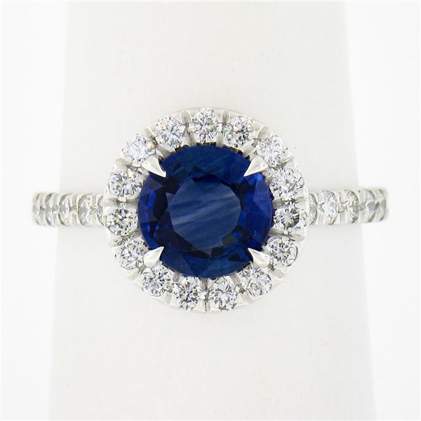 NEW Platinum 2.21 ctw GIA Ceylon Round Blue Sapphire Brilliant Diamond Halo Ring