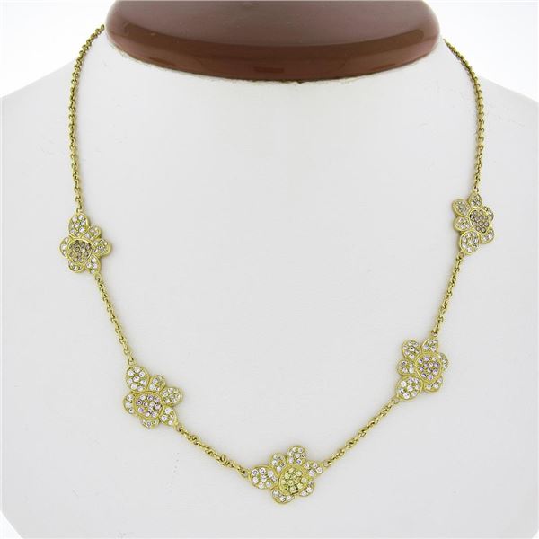 18k Gold GIA 2 ctw GIA Colored Pink Yellow Diamond Flower Station Necklace Chain