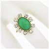 Image 3 : Vintage 14k Gold Oval Cabochon Jade & 1.1 ctw European Diamond Halo Cocktail Rin
